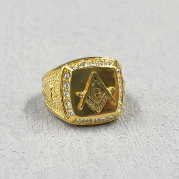 Gold Colour Free Mason 316L Stainless Steel with Rhinestone Crystals Masonic Ring - The Jewellery Supermarket